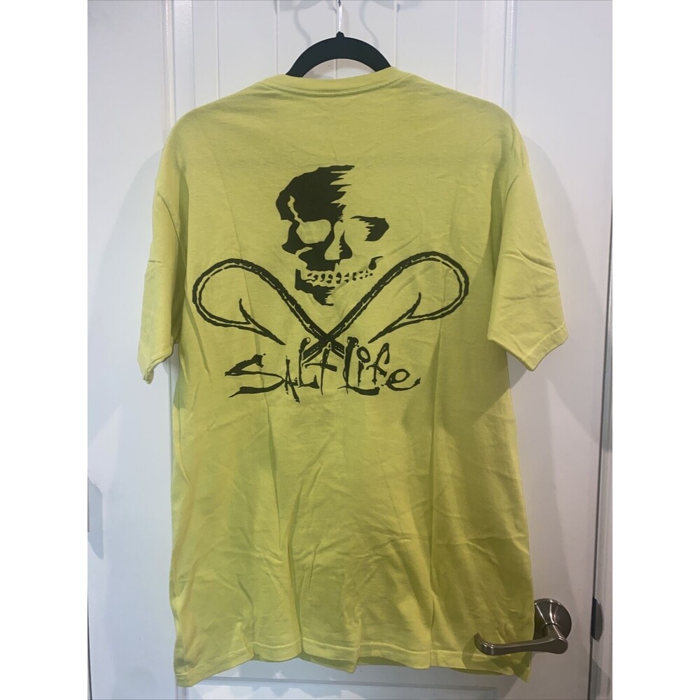 vintage Salt Life surf shirt Skeleton Yellow M beach fisherman pirate lake men - Picture 4 of 5